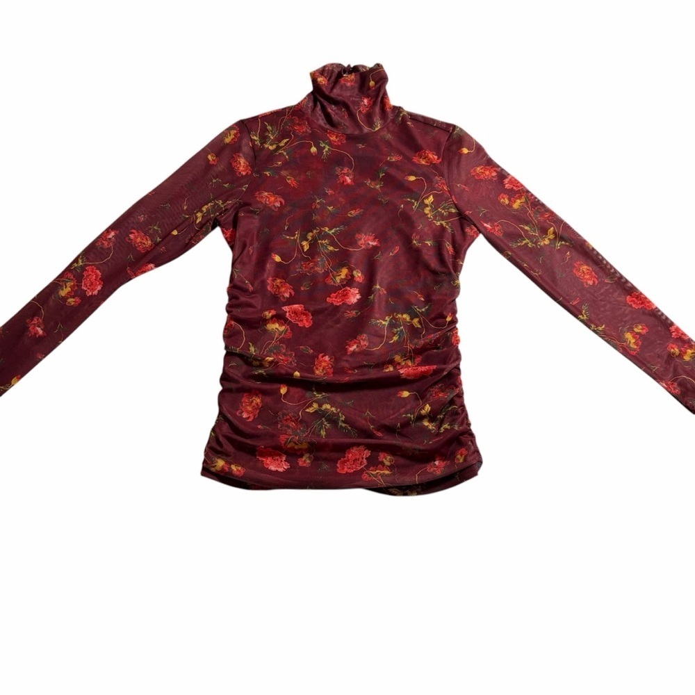 Cinq à Sept Falling Poppies Shirred Mesh Turtleneck | Floral Sheer | XS - Picture 3 of 13